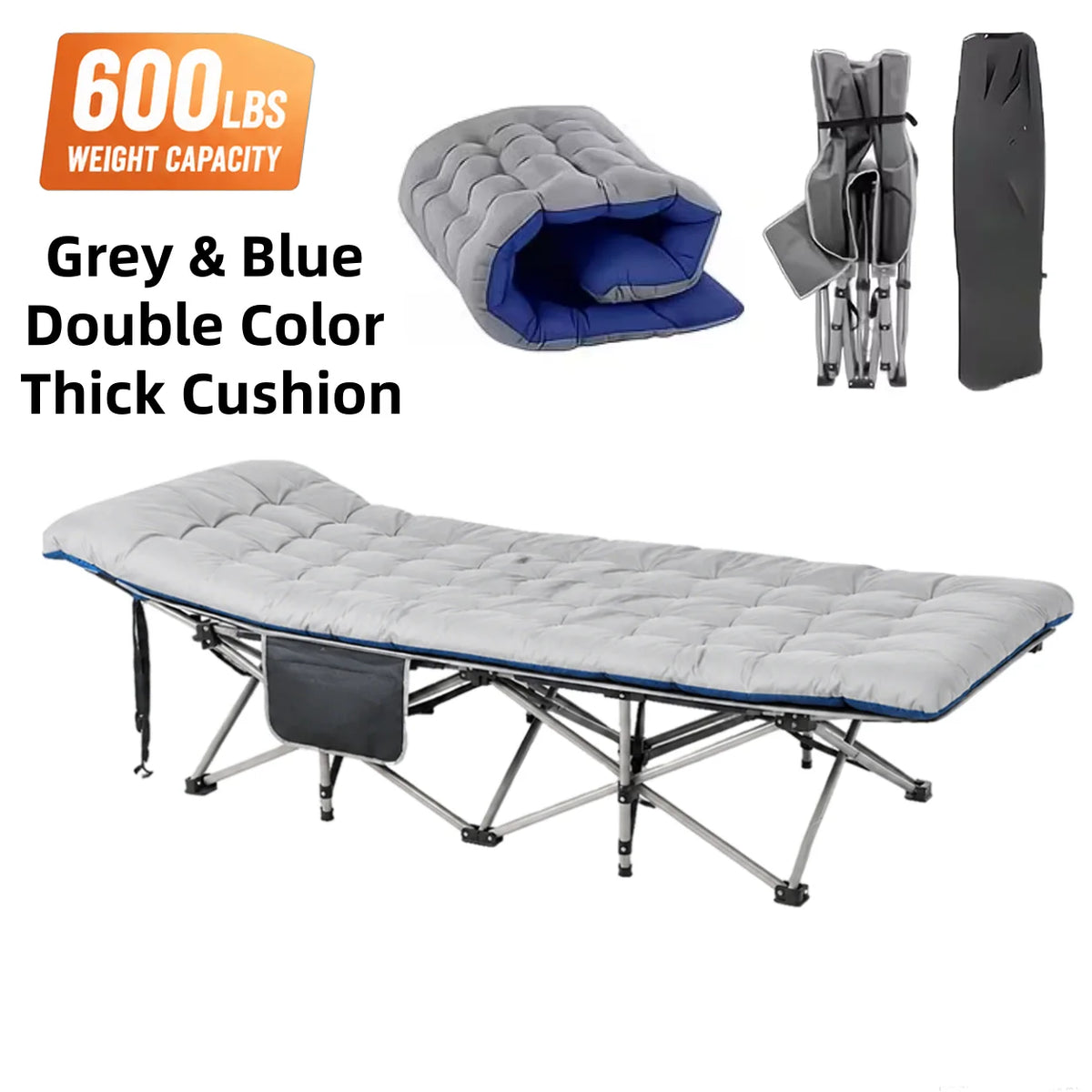Portable Steel Folding Camping Cot With Thick Mattress And Pocket