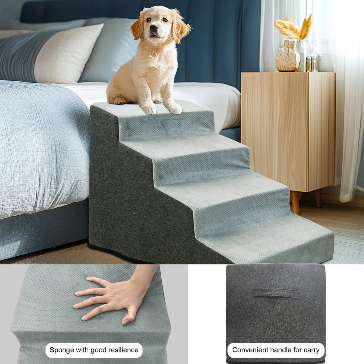 Three Quarter Step Dog Steps Ramp With Washable Cover Non Slip For Small Dogs