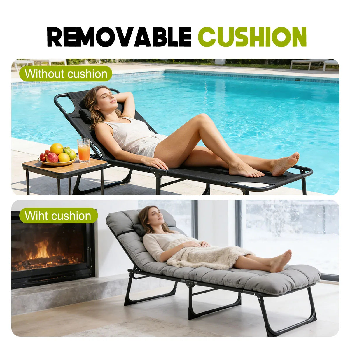 Adjustable Folding Camping Lounge Chair With Removable Comfort Cushion