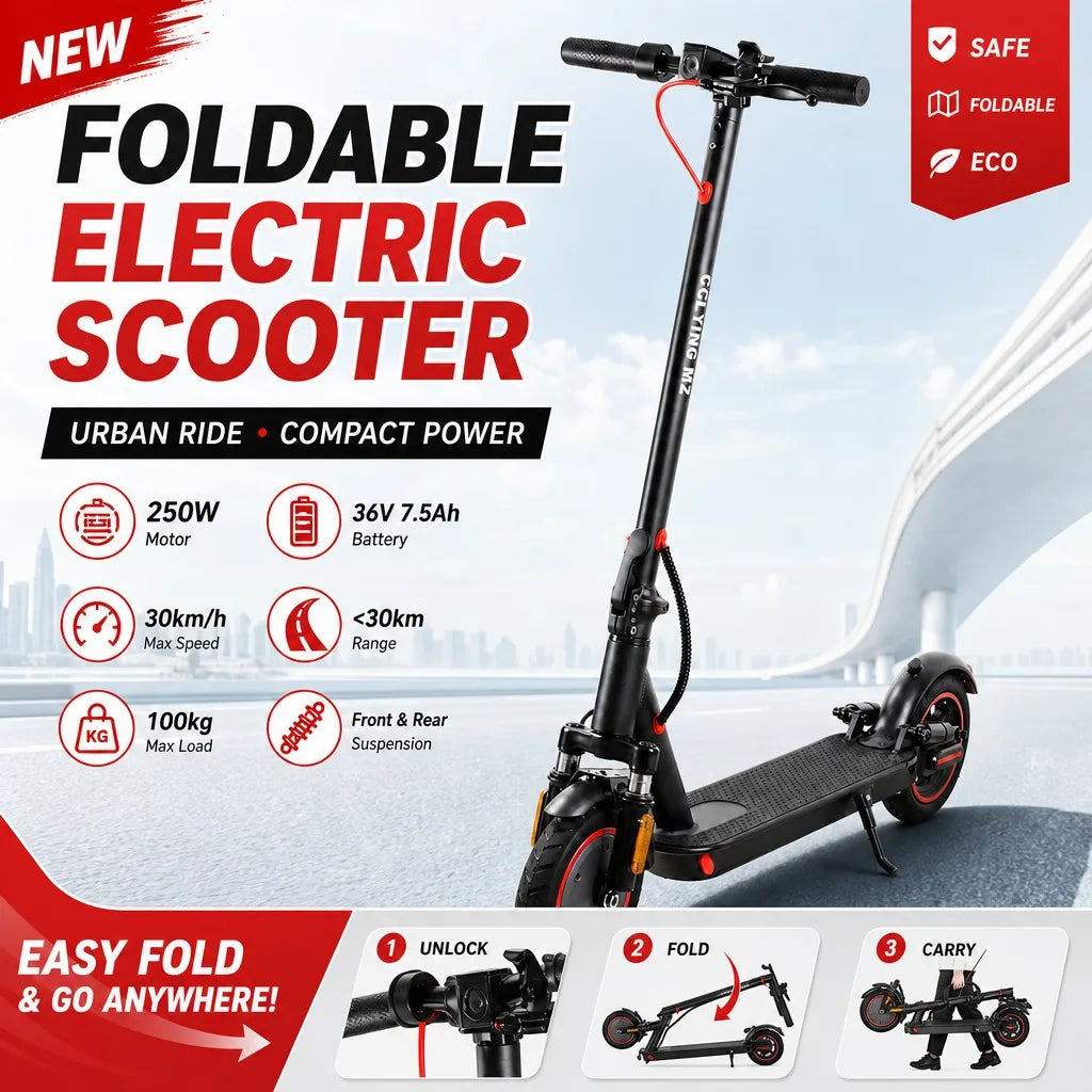 Portable Foldable Electric Scooter For Adults Shock Absorbing Suspension Wheels