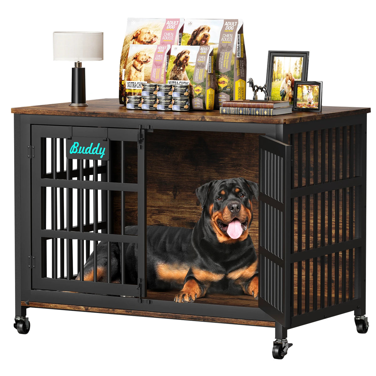 Dog Crate Furniture With Casters Heavy Duty Indoor Kennel TV Stand