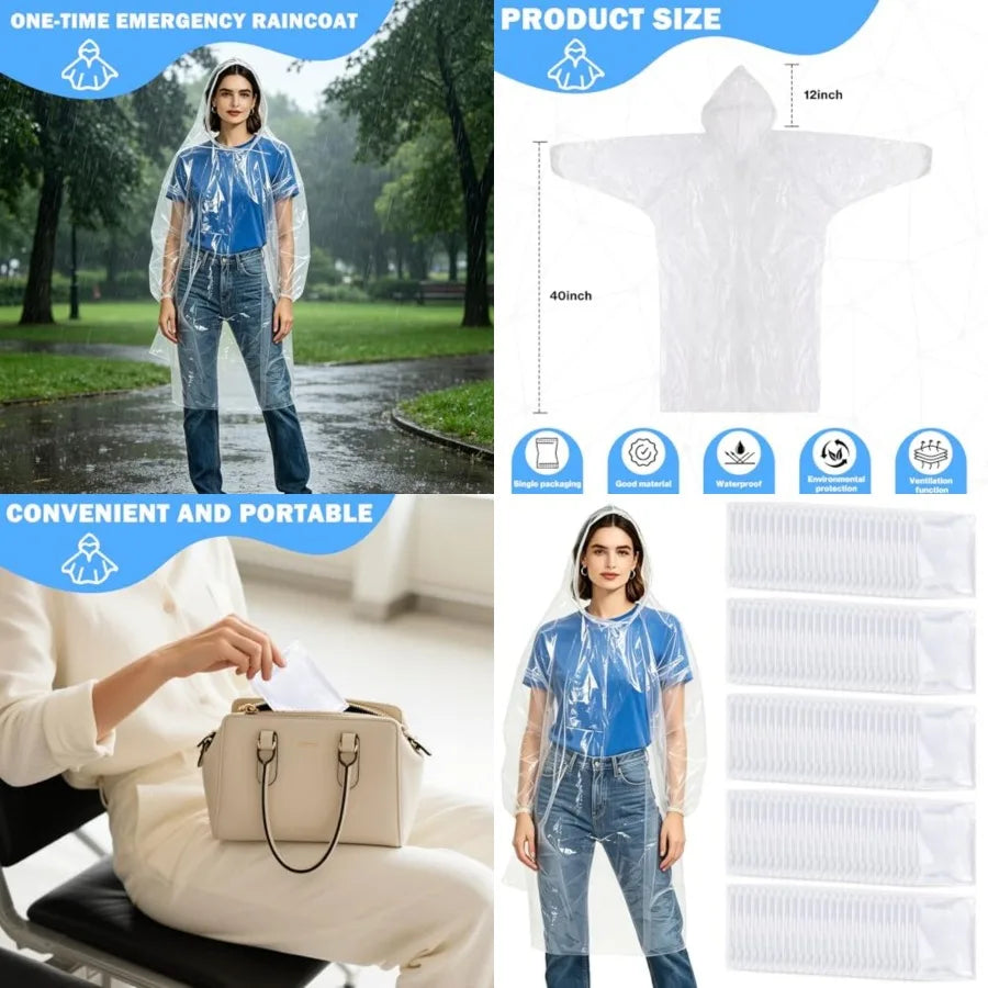 Disposable Waterproof Emergency Rain Ponchos With Hood For Outdoor Use
