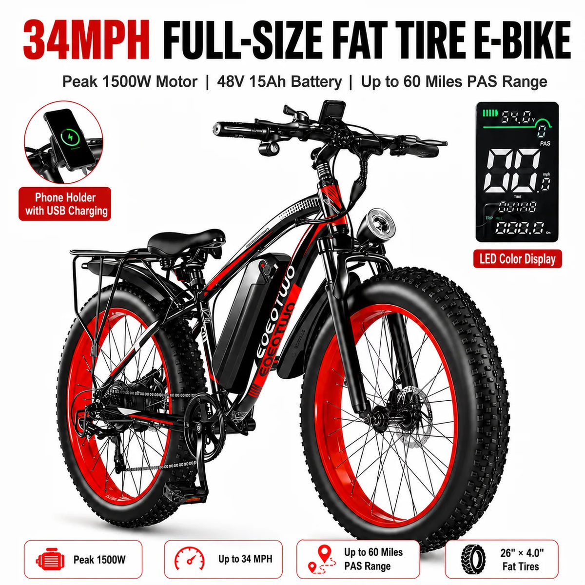 Eoeotwo 1500W Peak Fat Tire Ebike 34Mph 48V 15Ah Battery