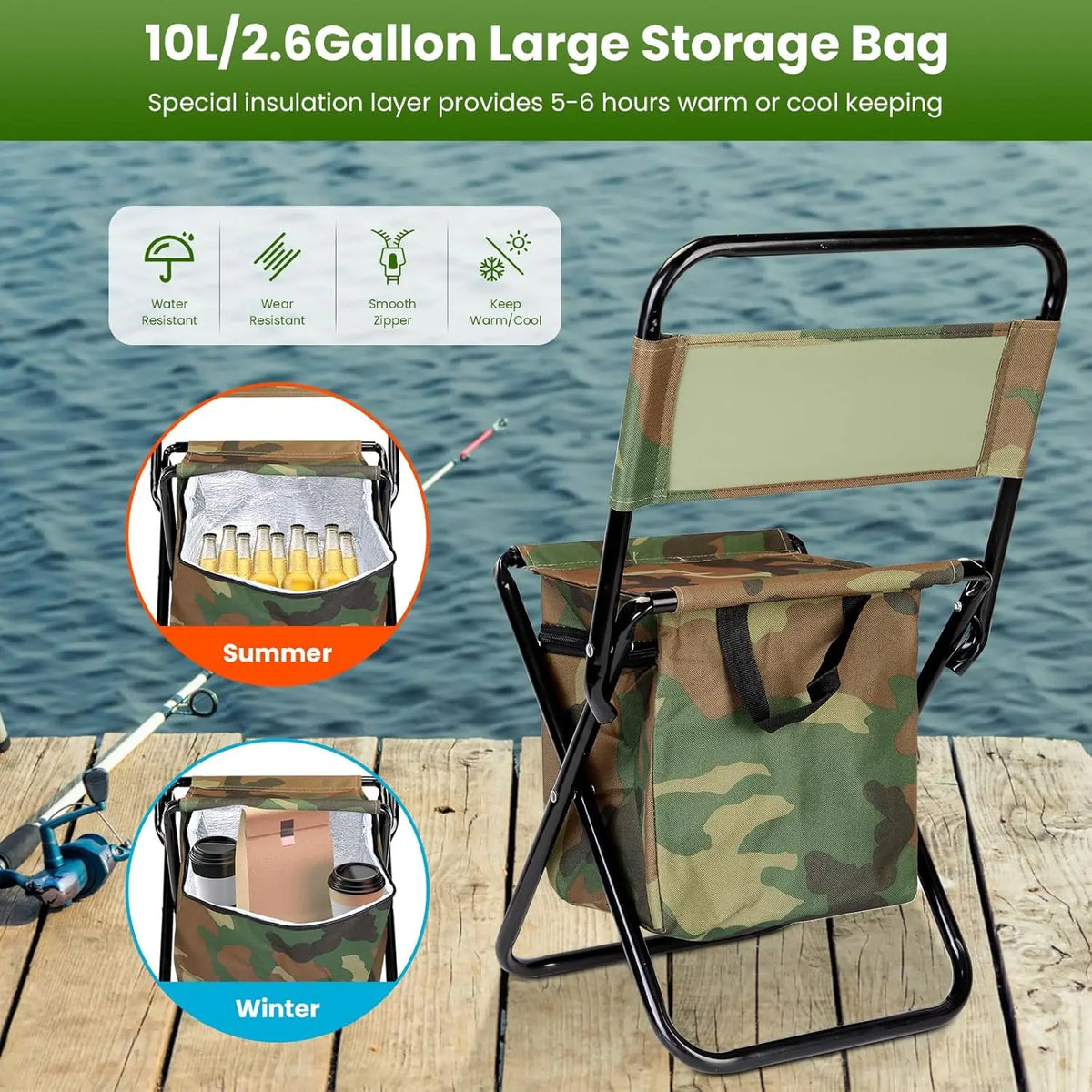 Portable Foldable Fishing Chair With Cooler Bag For Camping