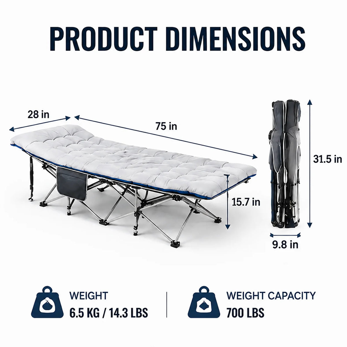 Portable Steel Folding Camping Cot With Thick Mattress And Pocket