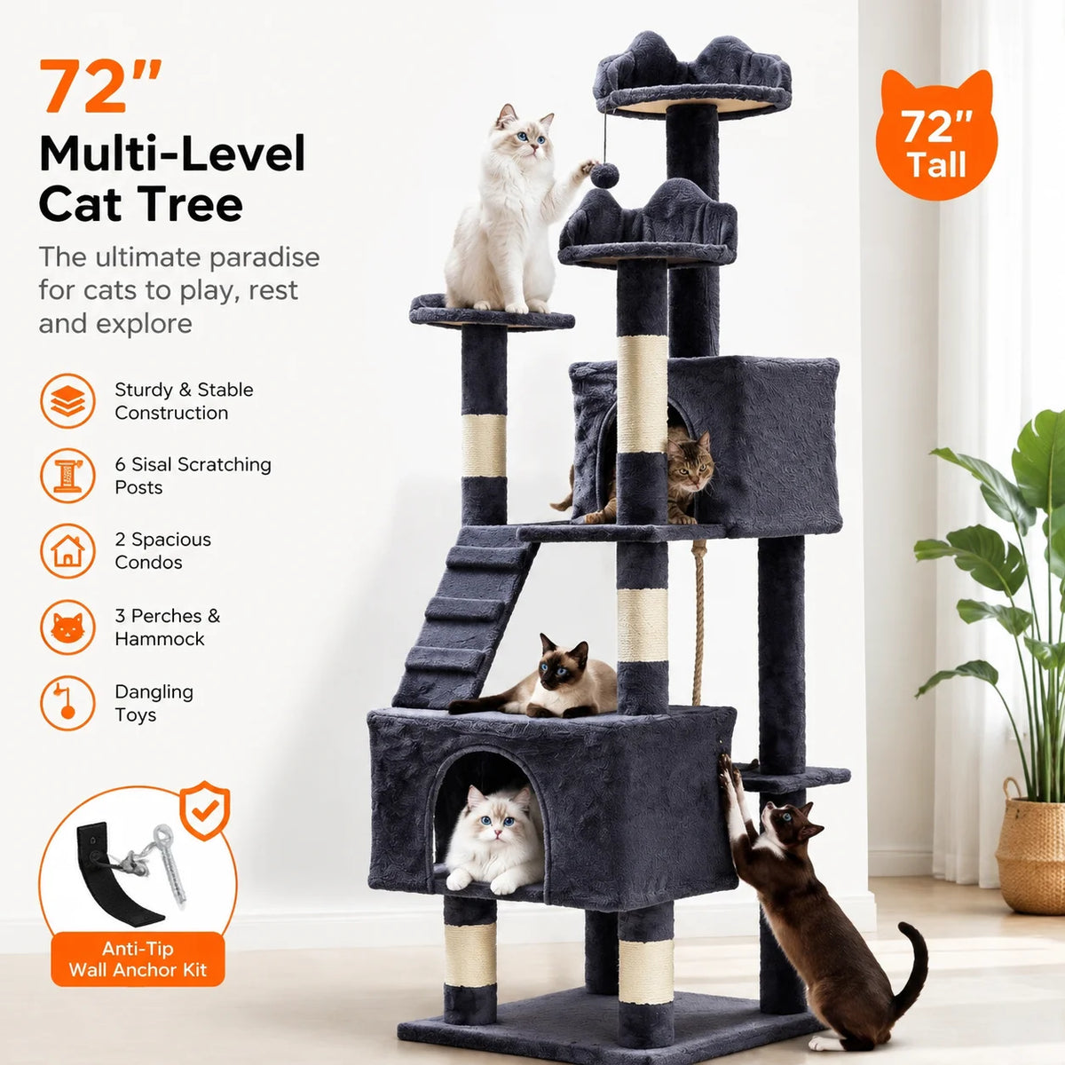 Multi-Level Cat Tree With Sisal Scratching Posts Condos Perches