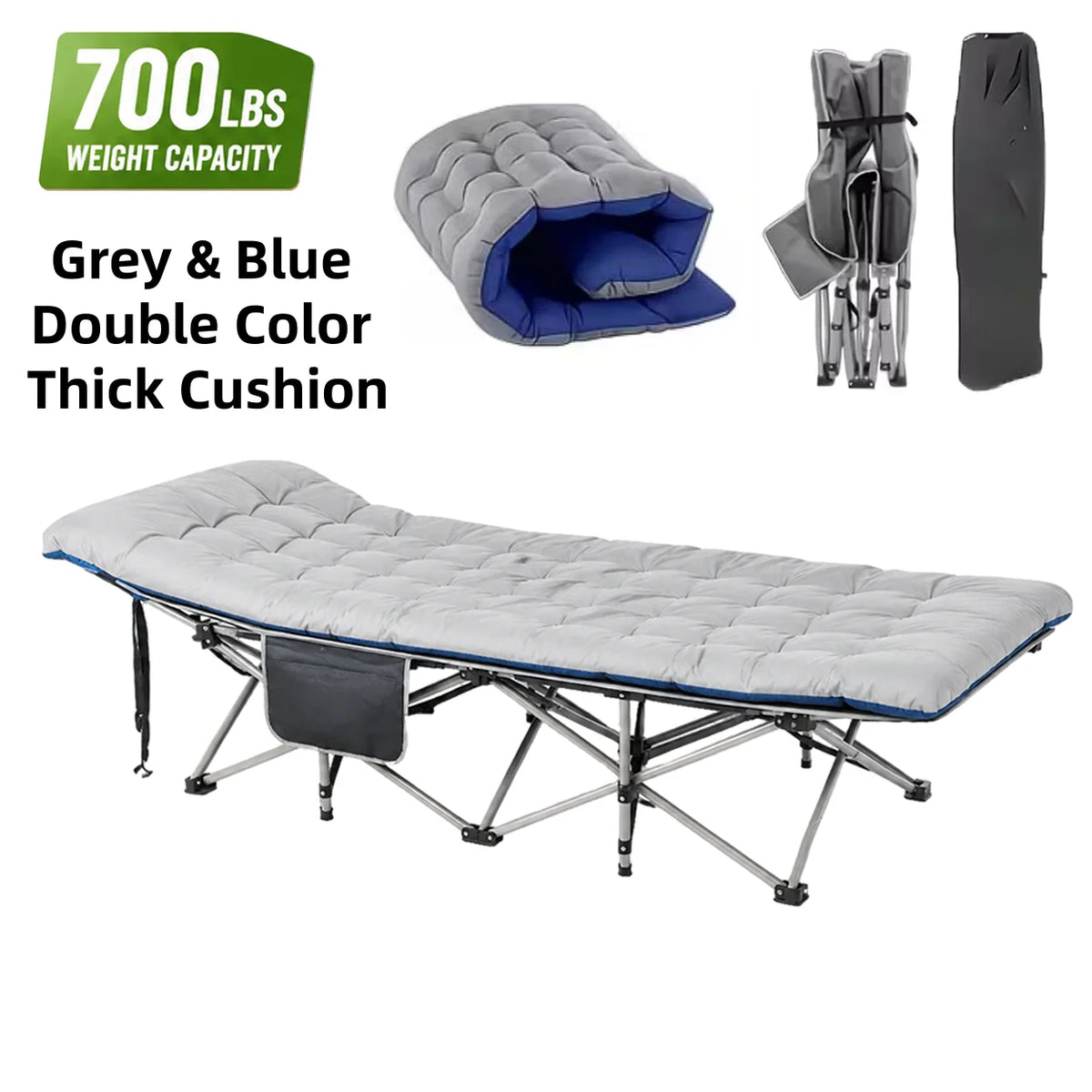 Portable Steel Folding Camping Cot With Thick Mattress And Pocket