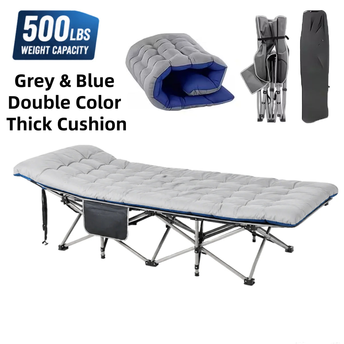 Portable Steel Folding Camping Cot With Thick Mattress And Pocket