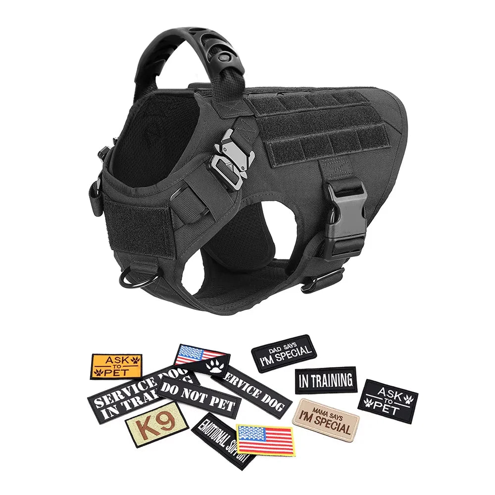 Tactical Dog Harness Collar Leash Training Vest Patches Set Nylon