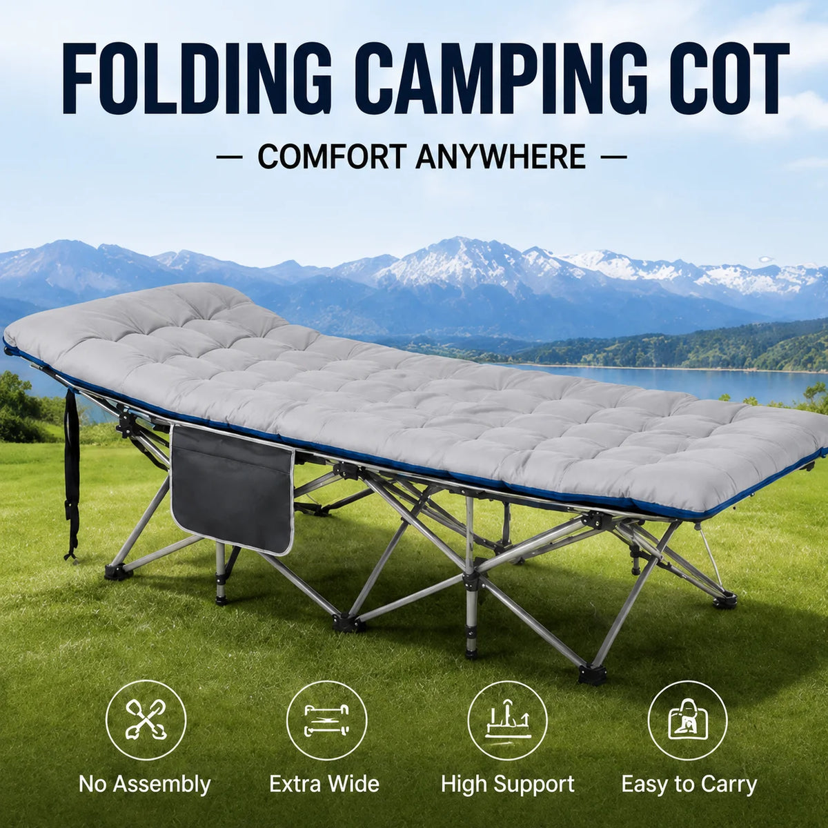 Portable Steel Folding Camping Cot With Thick Mattress And Pocket