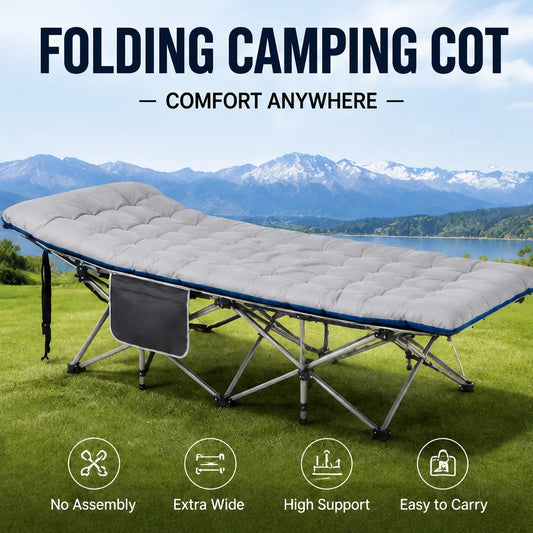 Portable Steel Folding Camping Cot With Thick Mattress And Pocket