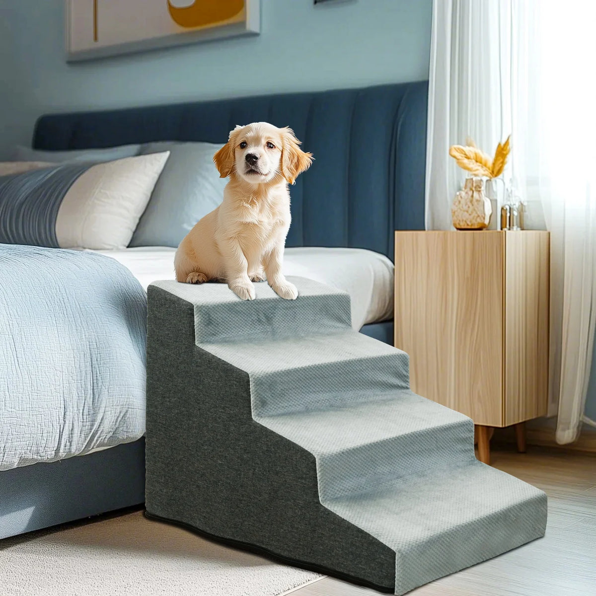 Three Quarter Step Dog Steps Ramp With Washable Cover Non Slip For Small Dogs