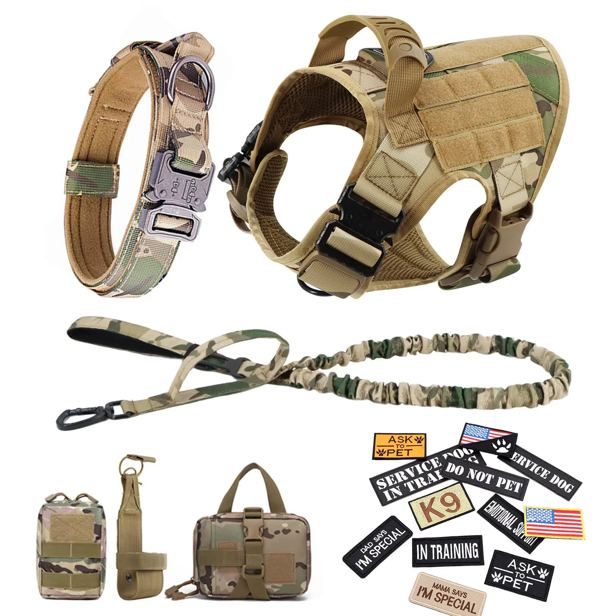 Tactical Dog Harness Collar Leash Training Vest Patches Set Nylon