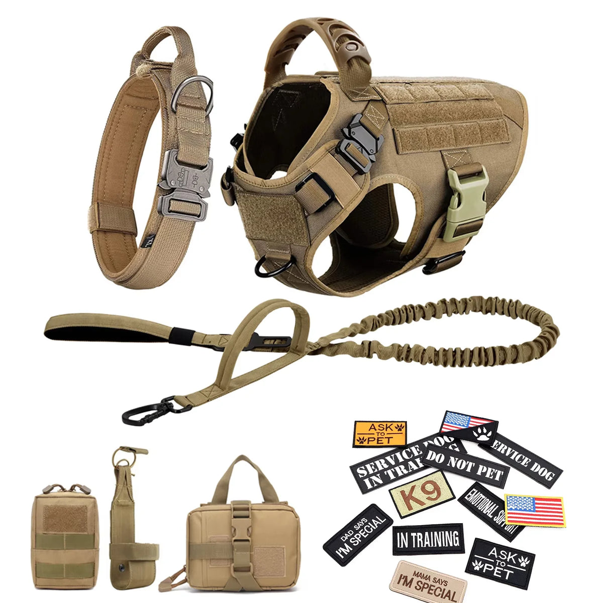 Tactical Dog Harness Collar Leash Training Vest Patches Set Nylon