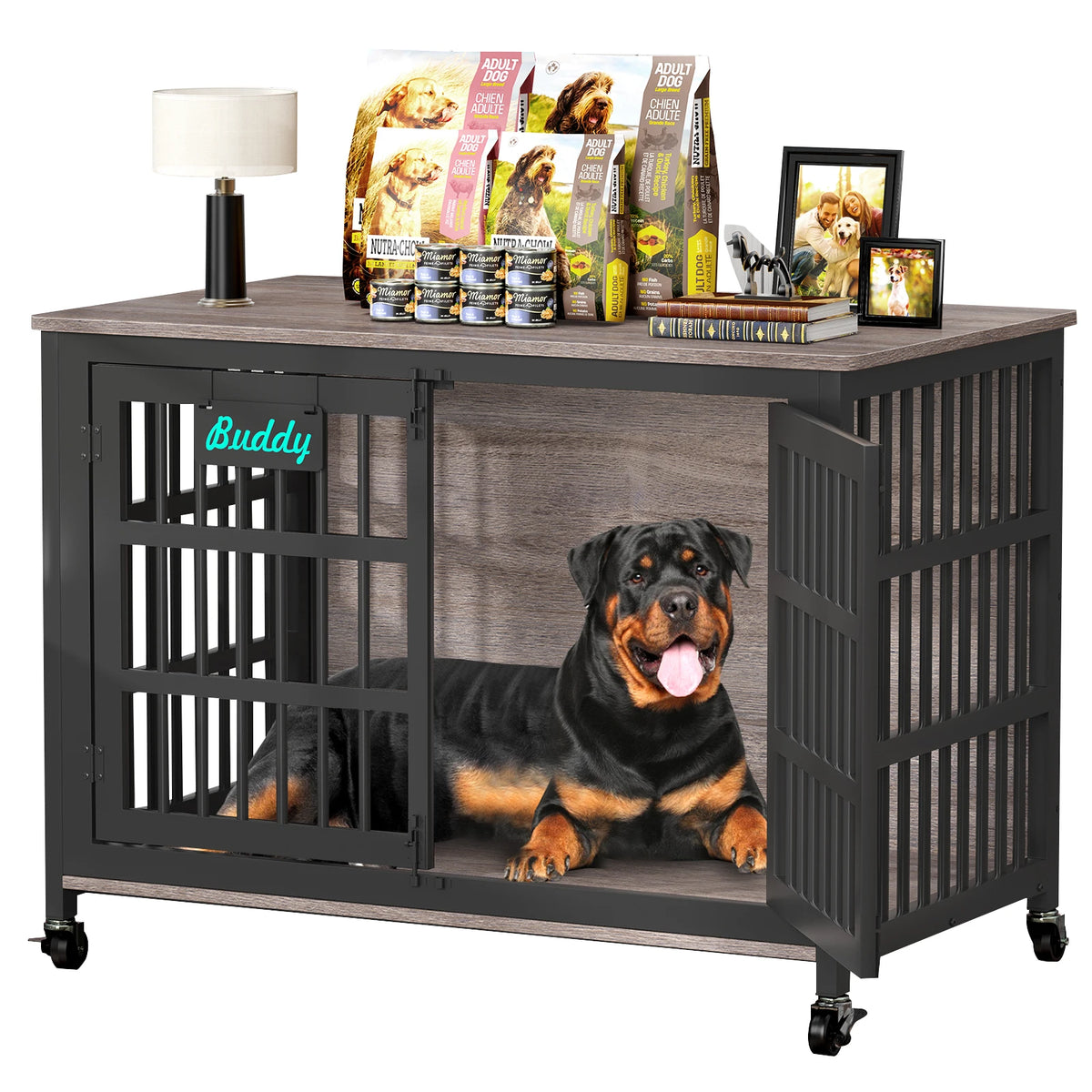 Dog Crate Furniture With Casters Heavy Duty Indoor Kennel TV Stand