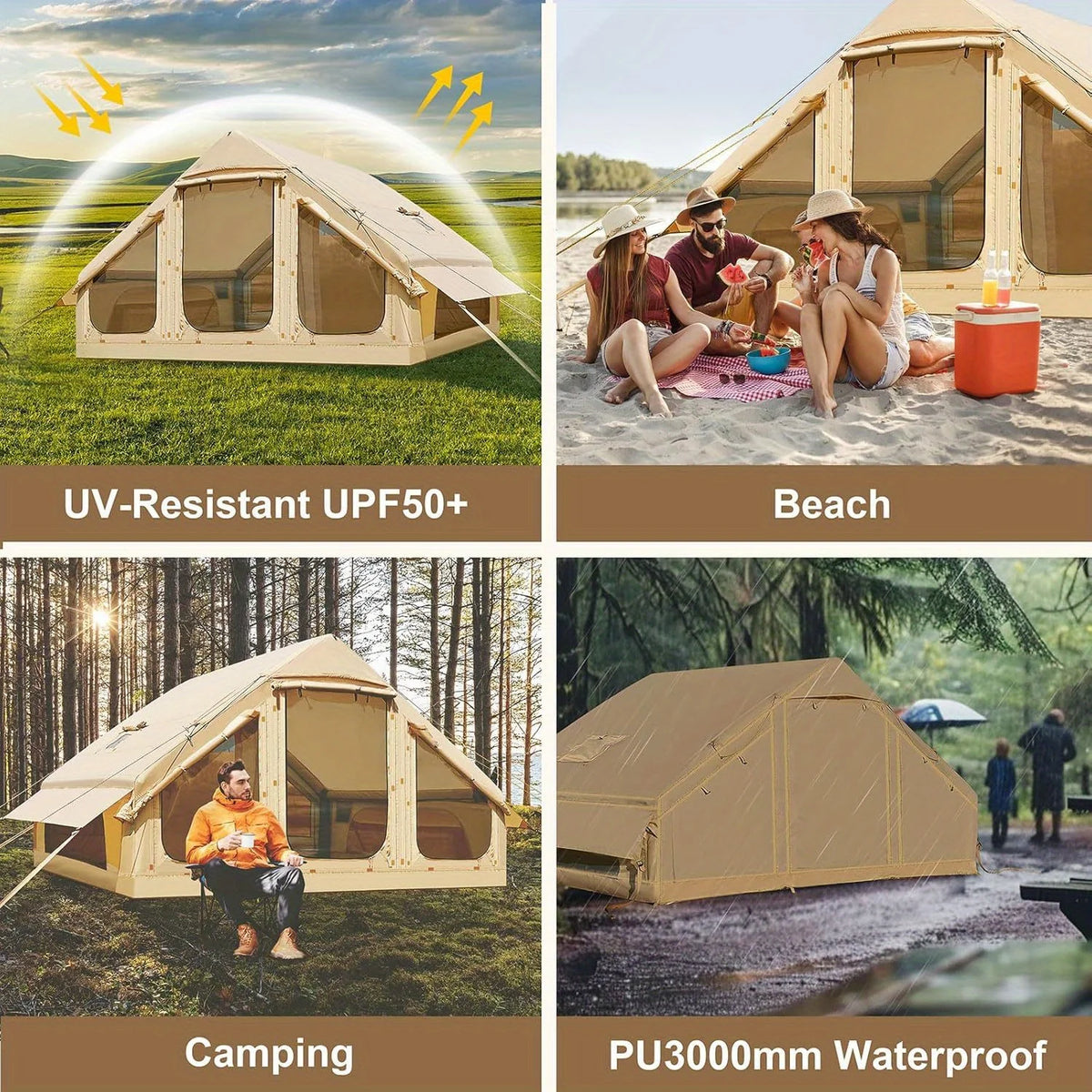 Inflatable Camping Tent Featuring Stove Jack Skylight And Double Doors