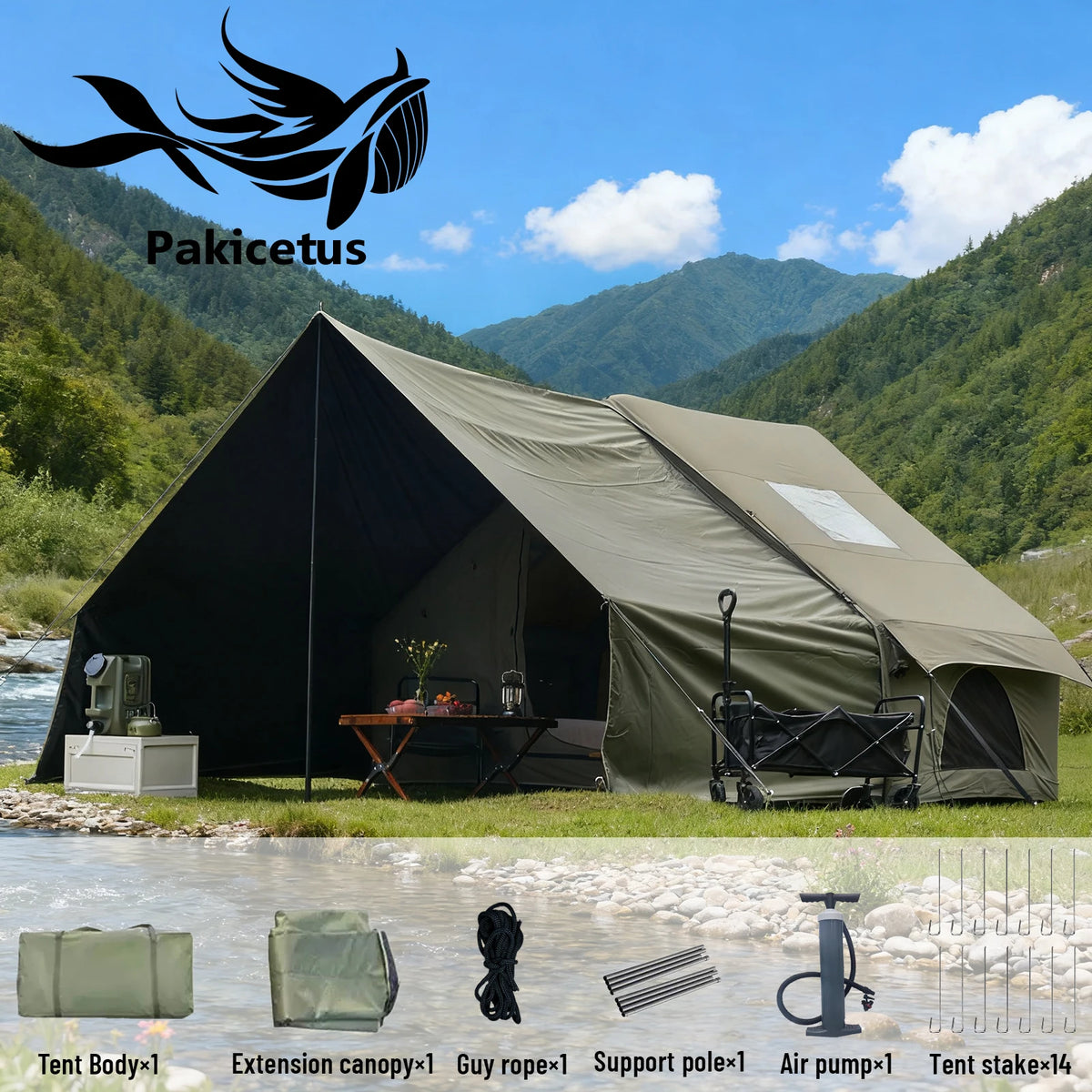 Pakicetus Inflatable Camping Tent With Extended Sun Canopy Design