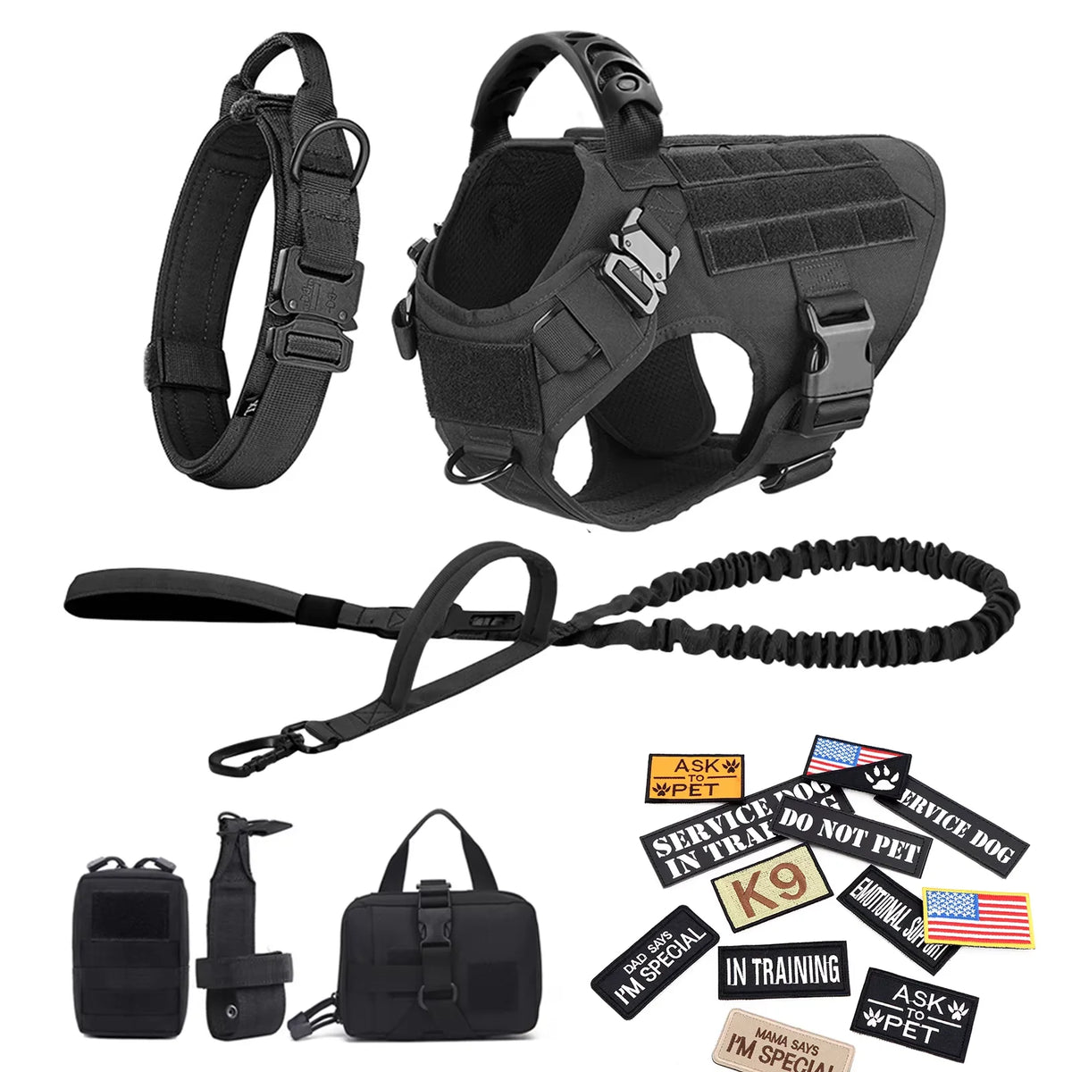 Tactical Dog Harness Collar Leash Training Vest Patches Set Nylon