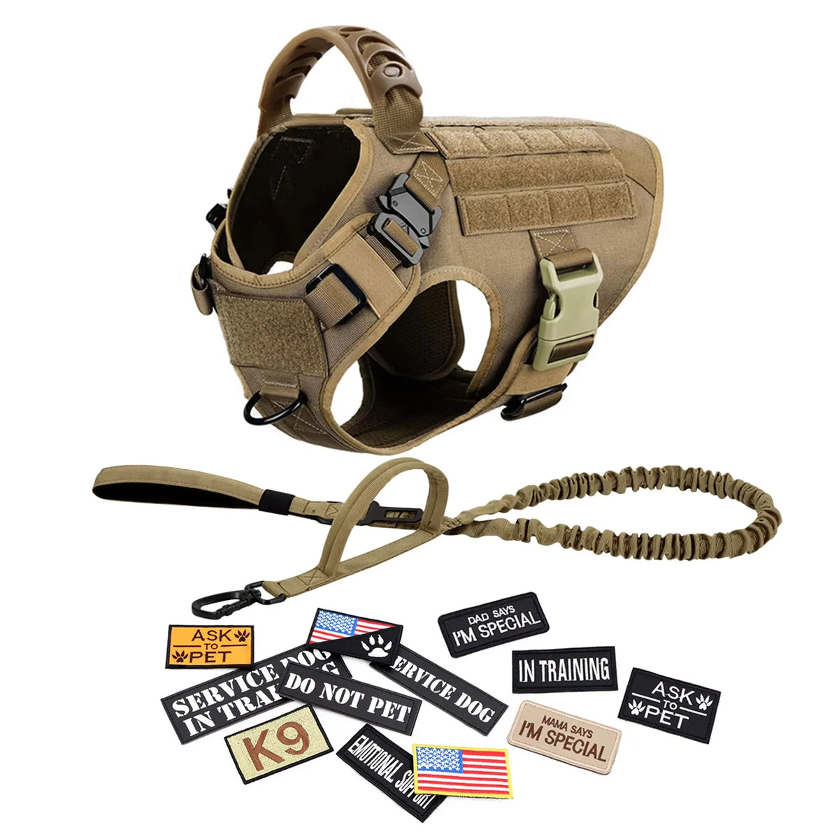 Tactical Dog Harness Collar Leash Training Vest Patches Set Nylon