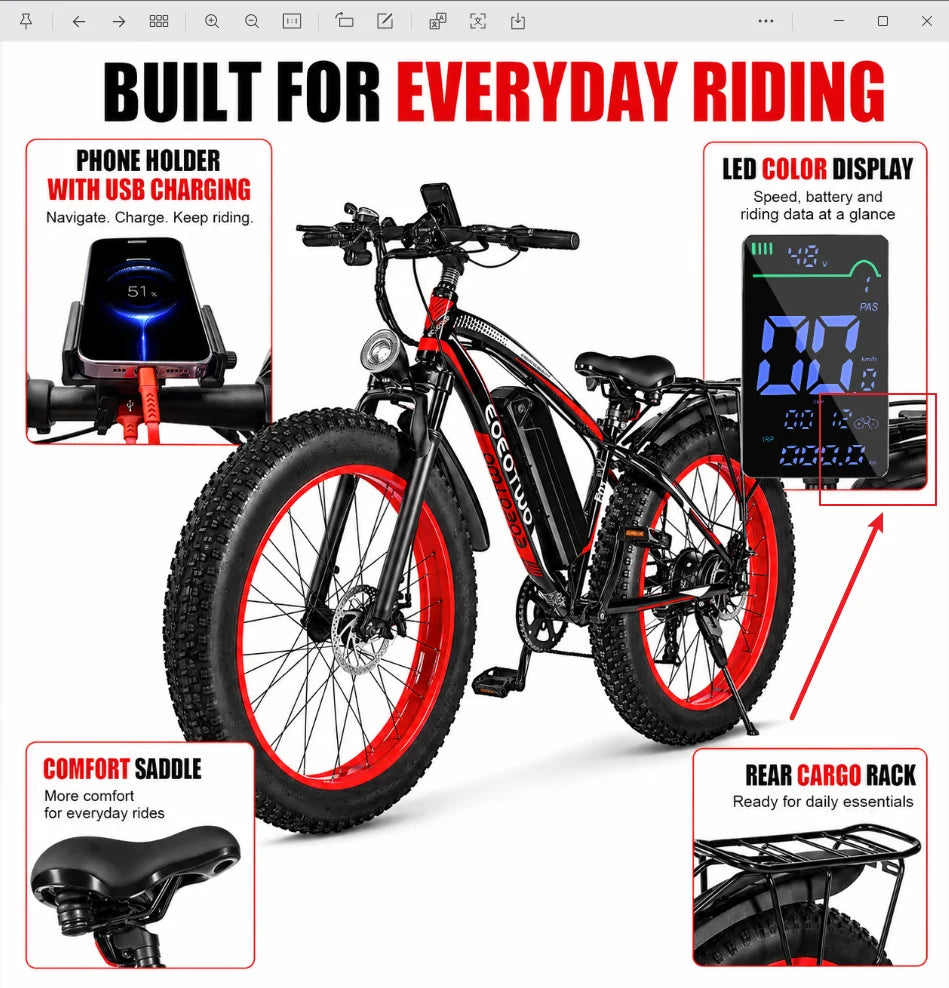 Eoeotwo 1500W Peak Fat Tire Ebike 34Mph 48V 15Ah Battery