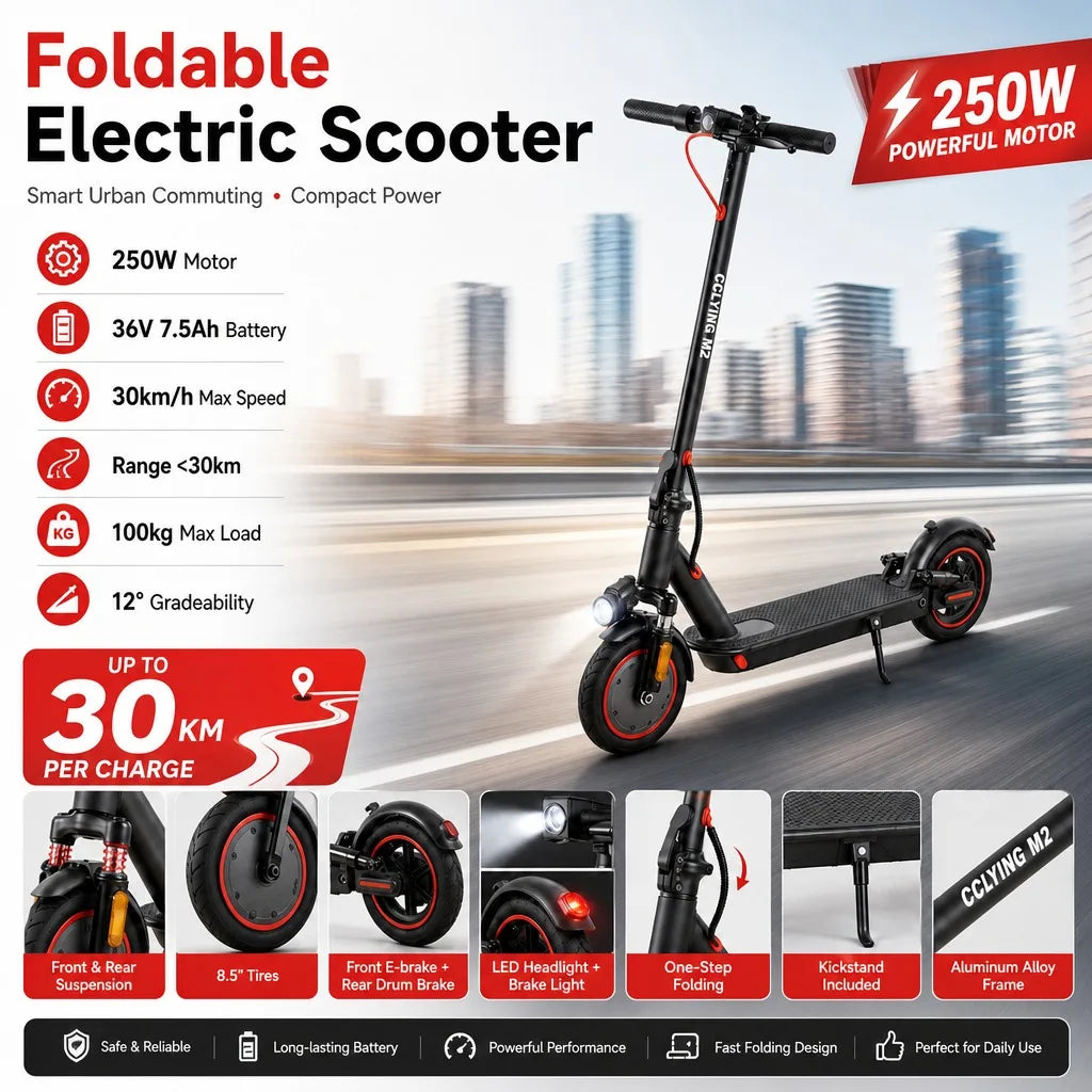 Portable Foldable Electric Scooter For Adults Shock Absorbing Suspension Wheels