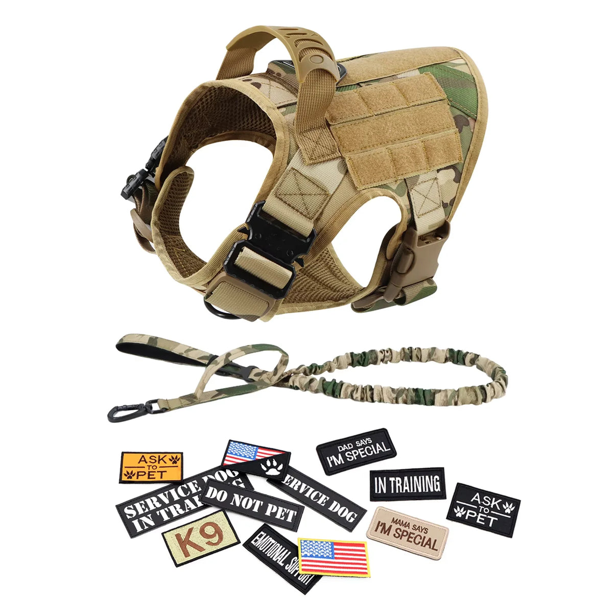 Tactical Dog Harness Collar Leash Training Vest Patches Set Nylon