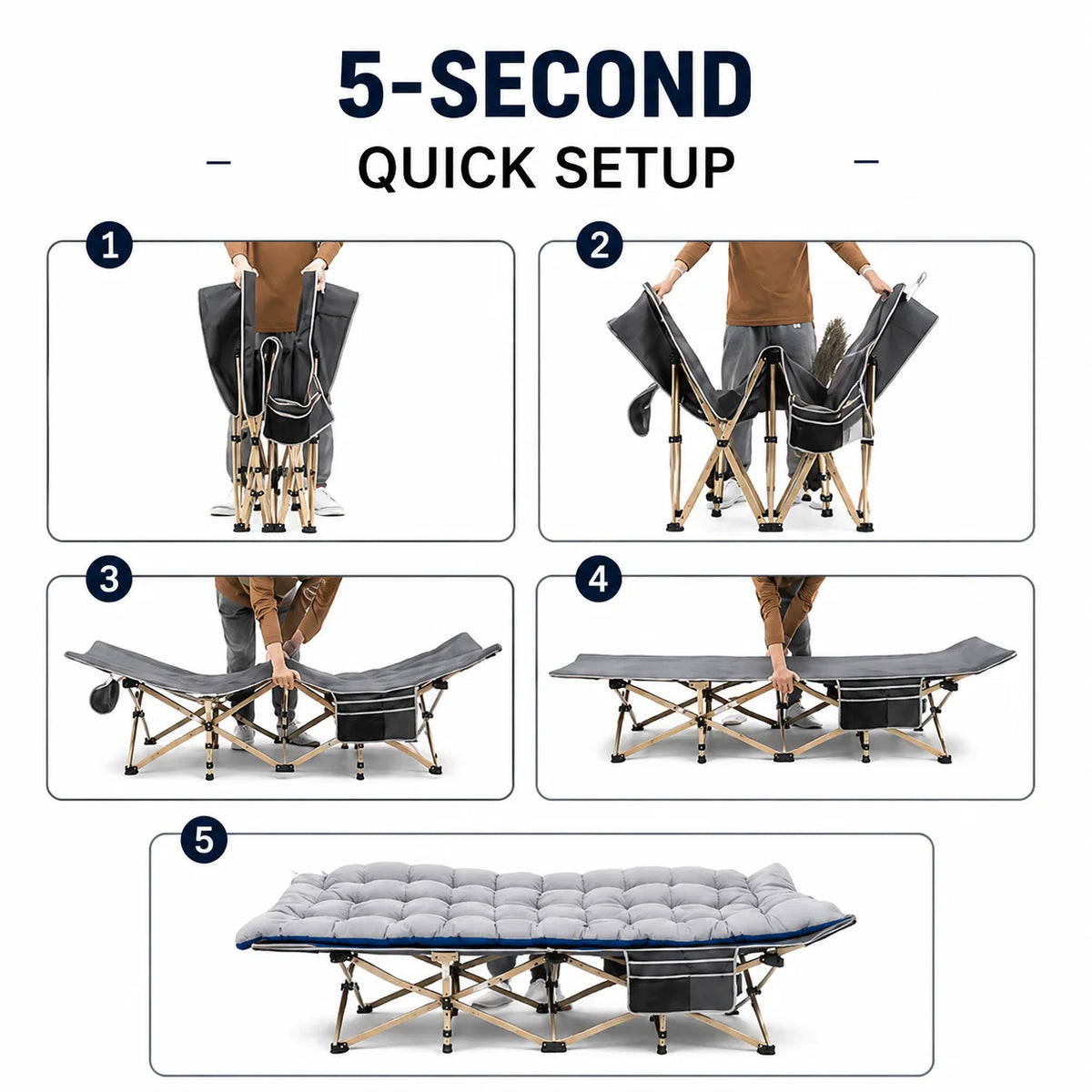 Portable Steel Folding Camping Cot With Thick Mattress And Pocket
