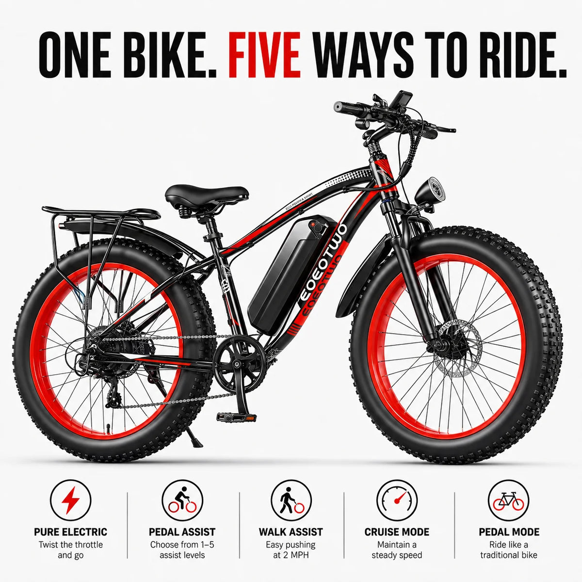 Eoeotwo 1500W Peak Fat Tire Ebike 34Mph 48V 15Ah Battery