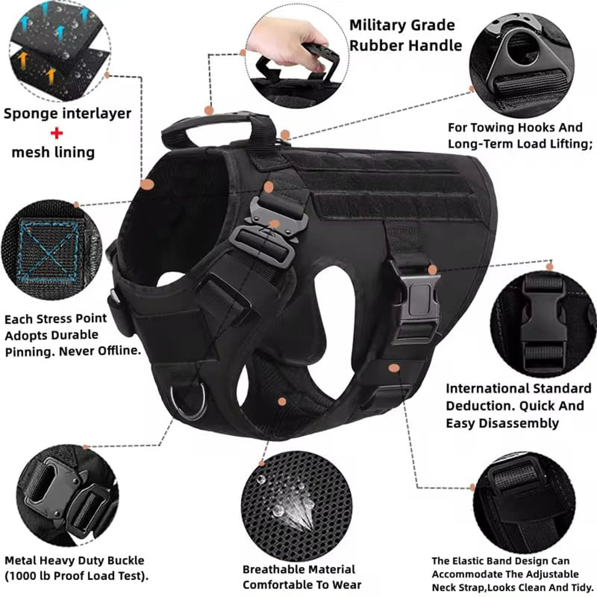 Tactical Nylon Dog Harness With Quick Release Molle Pouches For Training