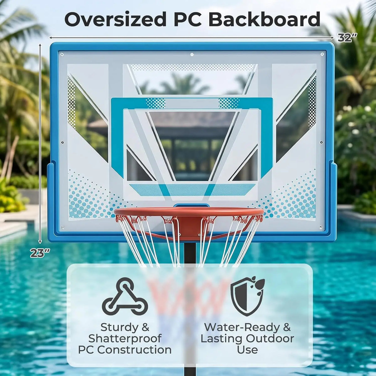 Portable Pool Basketball Hoop With Adjustable Shatterproof Backboard