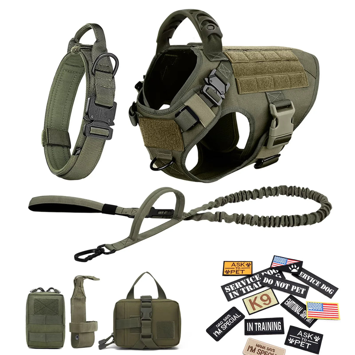 Tactical Dog Harness Collar Leash Training Vest Patches Set Nylon