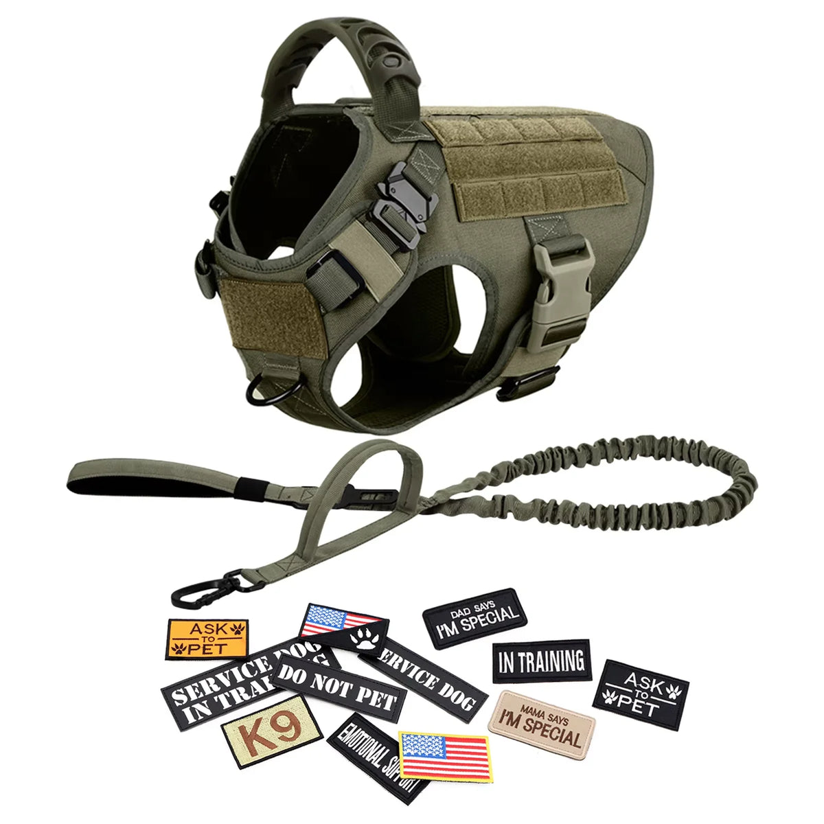 Tactical Dog Harness Collar Leash Training Vest Patches Set Nylon