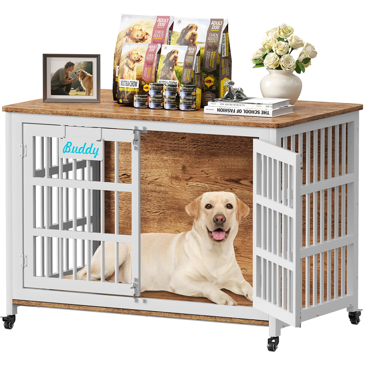 Dog Crate Furniture With Casters Heavy Duty Indoor Kennel TV Stand
