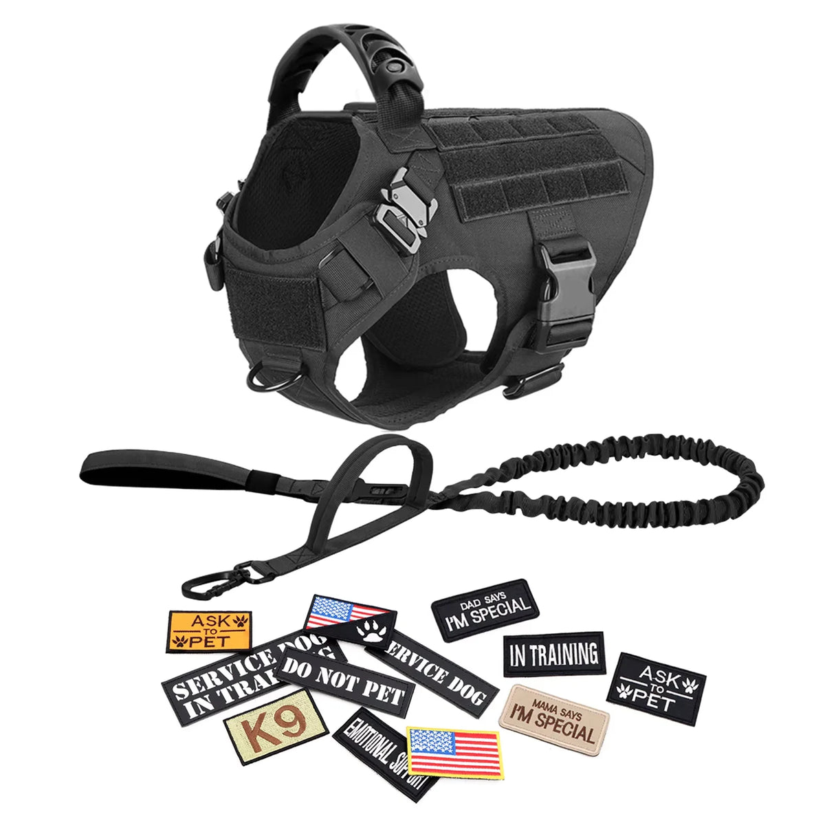 Tactical Dog Harness Collar Leash Training Vest Patches Set Nylon